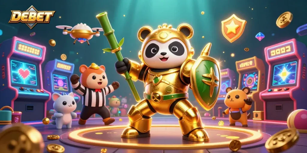 Engage with DEBET's vibrant online casino gaming experience, highlighted by animated characters and glowing game elements.