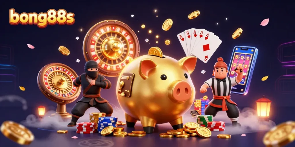 Bong88s casino scene featuring a piggy bank sumo wrestler amid flying coins and gaming elements.