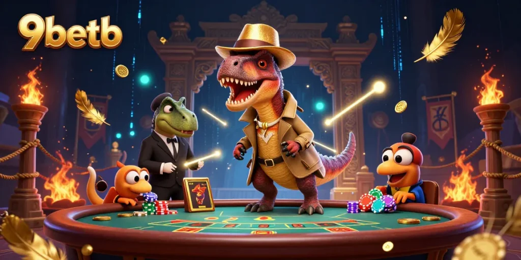 Engage with 9betb's thrilling gambling scene featuring a velociraptor card counter and energetic casino elements.