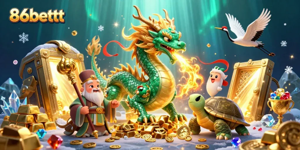 Engage with 86bettt's elite casino experiences featuring dragons and treasures in this vibrant illustration.