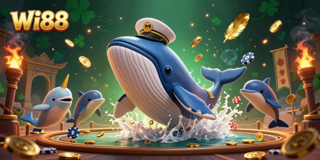 Wi88 encompasses a 3D illustration featuring a gigantic whale breaching through coins, accompanied by aquatic characters and casino elements.
