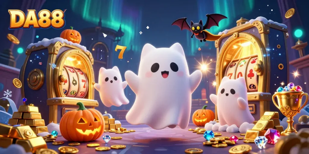 Celebrate thrills with DA88 gaming, featuring a ghost cat, vampire bat, and animated slot reels in a haunted casino.