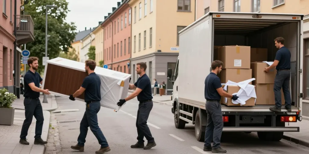 Flyttebyrå movers in Oslo efficiently packing and transporting belongings during a busy relocation.