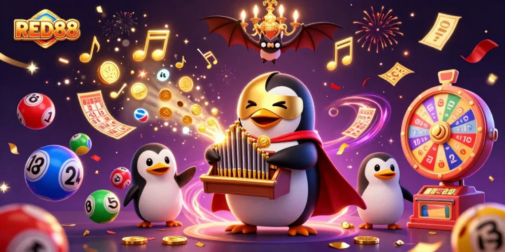 Experience the excitement of RED88 with vibrant golden coins, lottery balls, and thrilling casino games.