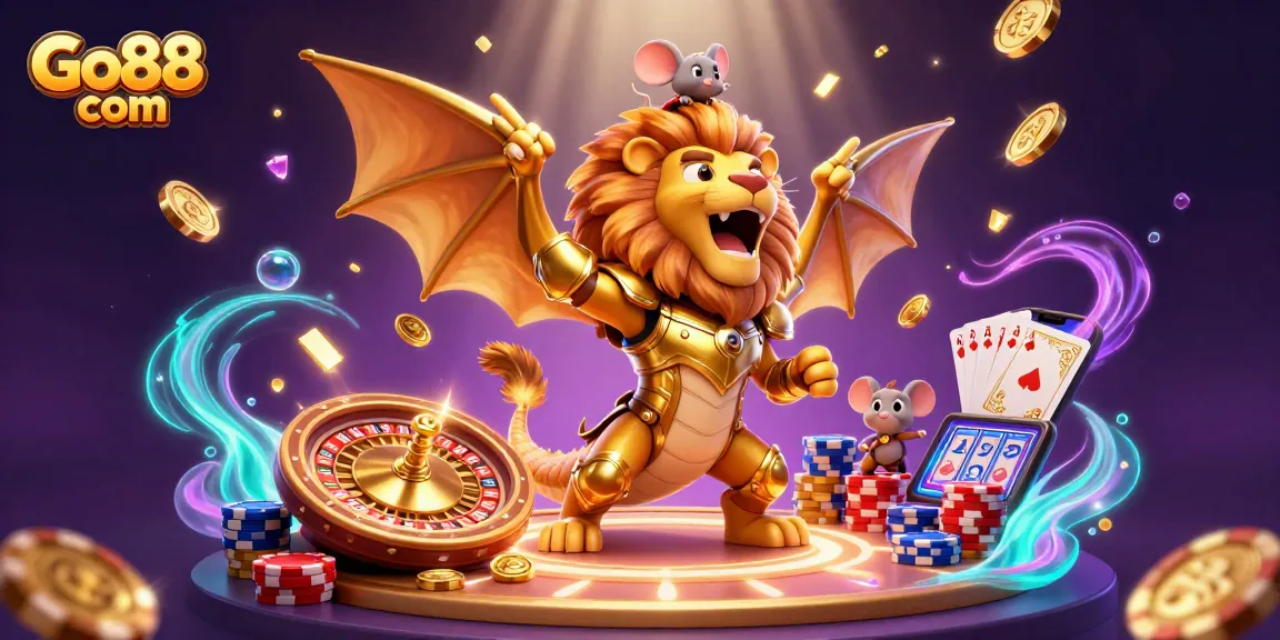 Experience thrilling gameplay at Go88 com with a 3D chimera amidst golden treasures.